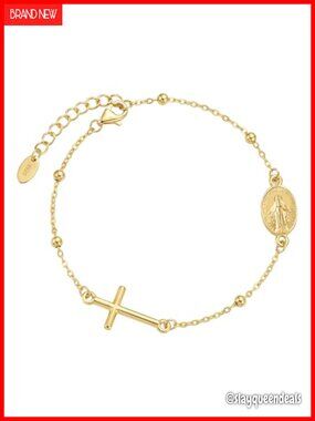 925 Sterling Silver 18K Gold Plated Cross Bracelet Link Chain Adjustable